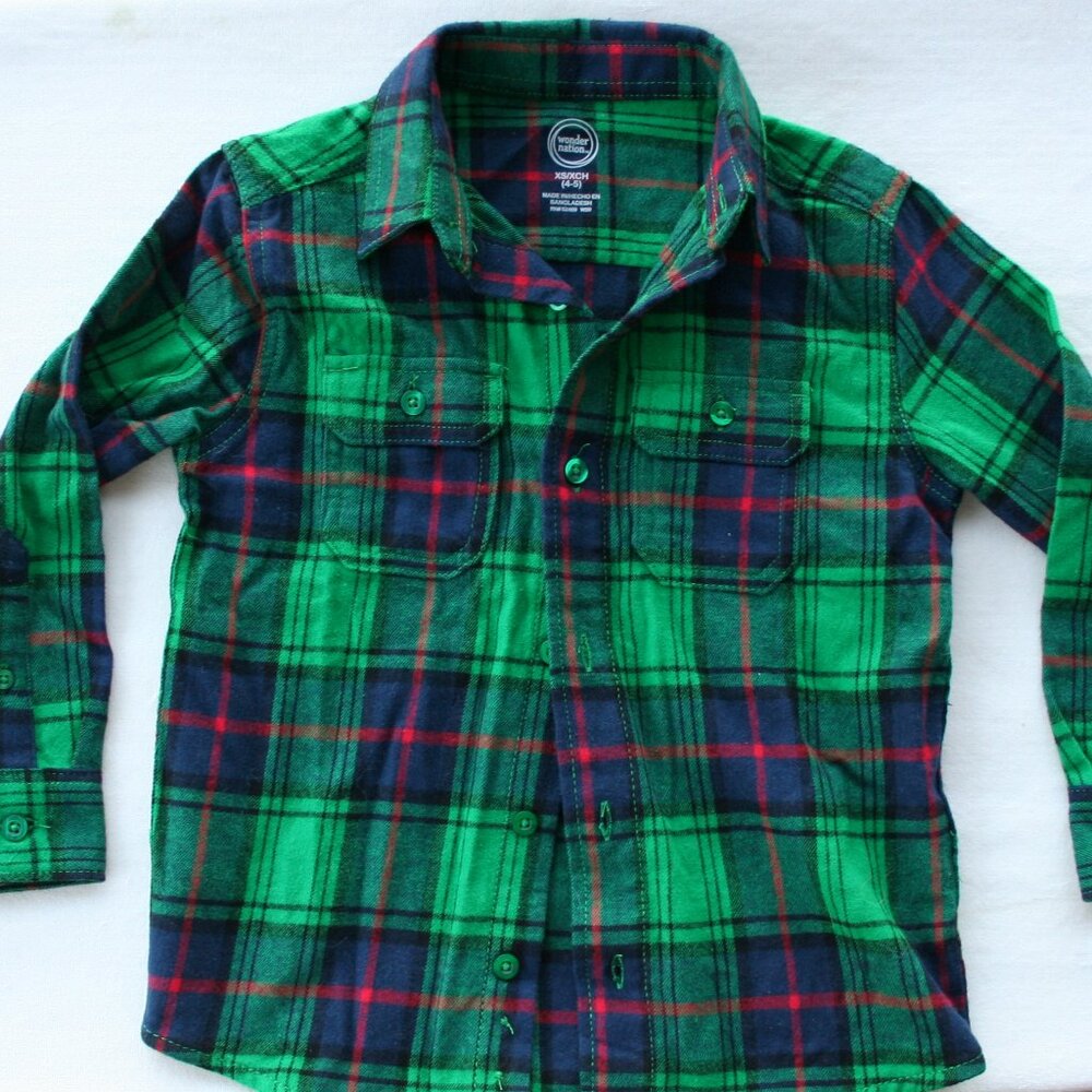 GREEN FALL FLANNEL BUTTON DOWN SHIRT PLAID BOYS 4 5 XS WARM AUTUMN LAYERING TOP